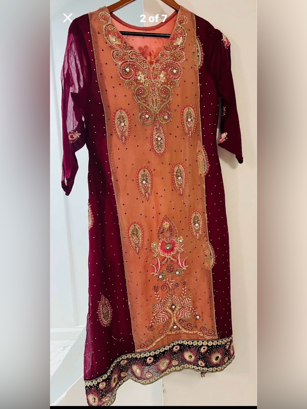 Pakistani three piece Embroidered A line Kameez and dupatta dress.Size small.